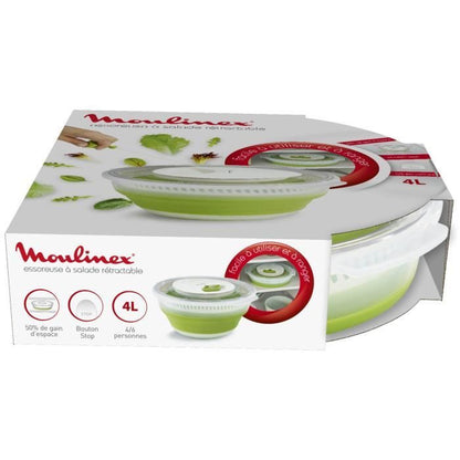 MOULINEX K2530104 Essoreuse à salade rétractable 4 L, Base antidérapante, Système de tirage par cordon, Bouton d'arrêt, Vert/Blanc