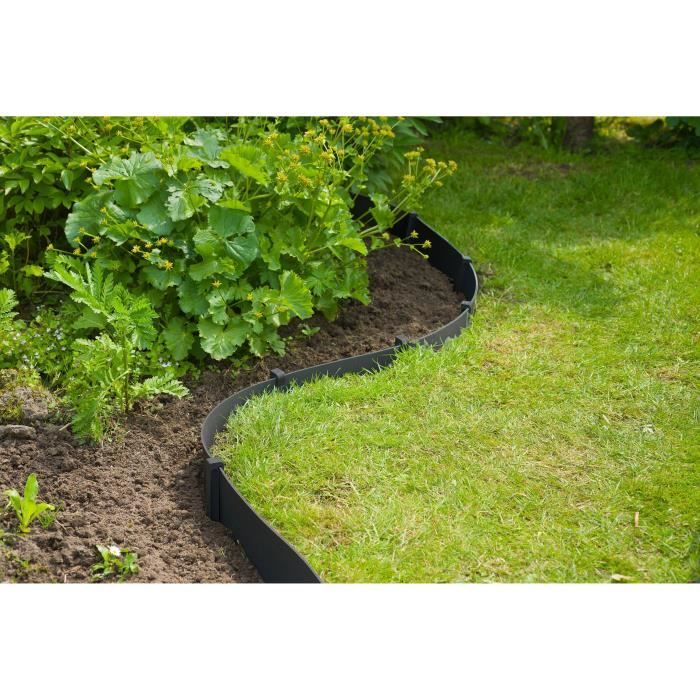 Bordure de jardin - NATURE - Noir - PE recyclé, épaisseur 3 mm - H7,5 cm x 10m - 10 Ancres noires - H19,5x 1,9x 1,8cm