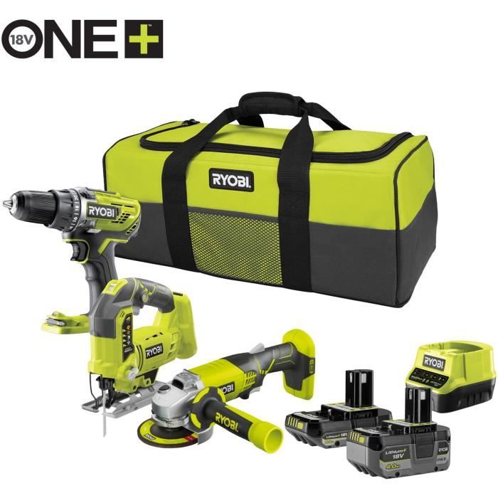 RYOBI 3 outils : 1 perceuse-visseuse Brushless + 1 meuleuse 115 mm + 1 scie sauteuse + 2 batteries 4 Ah & 2 Ah + 1 chargeur & 1 sac