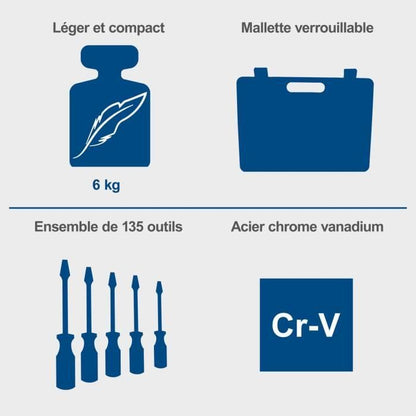 Malette a outils de 135 pieces - SCHAPPACH - TB170 - Outils en acier chrome vanadium - Mallette verrouillable