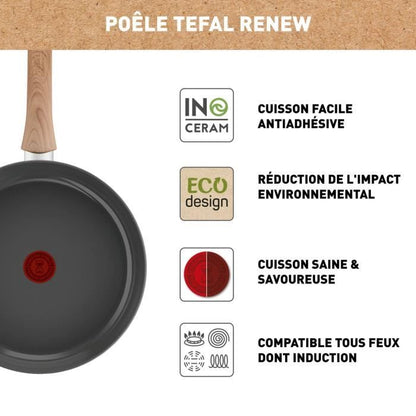 TEFAL Renew Poêle 24 cm, Induction, Revêtement antiadhésif céramique, Eco-conçue, Fabriqué en France C4250413