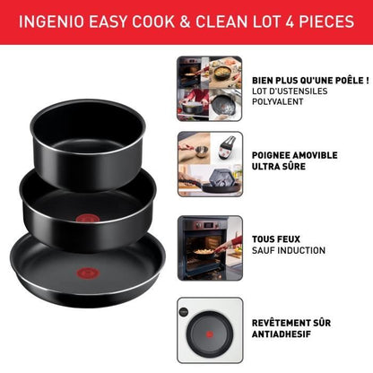 TEFAL INGENIO Easy Cook & Clean Lot 4 pièces, Poêle, Casserole, Non induction, Revêtement antiadhésif, Fabriqué en France L1539302