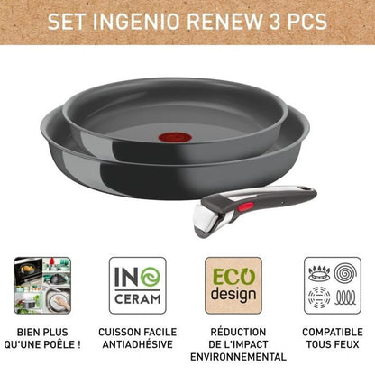 TEFAL INGENIO Renew Lot de 2 poêles + poignée, Induction, Céramique antiadhésive, Lave-vaisselle, Fabriqué en France L2619102