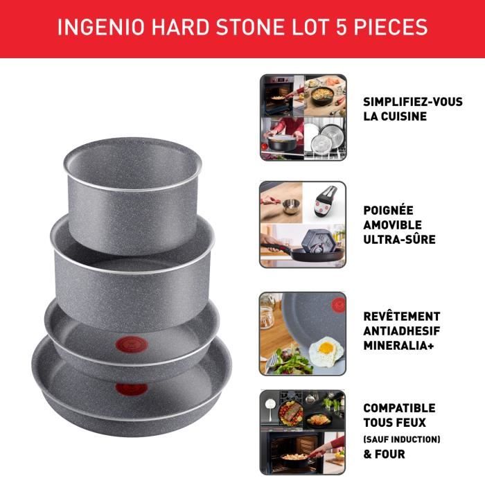 TEFAL INGENIO Hard Stone Lot Poêles 22/26 cm, Casseroles 16/20 cm, Poignée, Non induction, Antiadhésif, Fabriqué en France L4409002