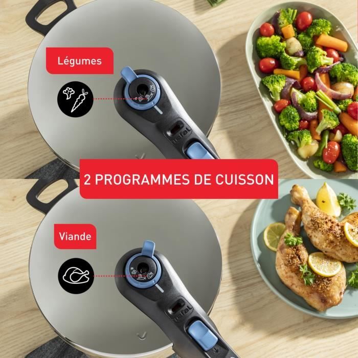 TEFAL Cocotte-minute inox, Autocuiseur 6 L, Induction, Programmes légumes et viande, 5 points de sécurité, Secure Trendy P2580700