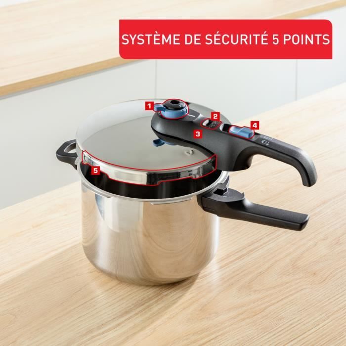 TEFAL Cocotte-minute inox, Autocuiseur 6 L, Induction, Programmes légumes et viande, 5 points de sécurité, Secure Trendy P2580700