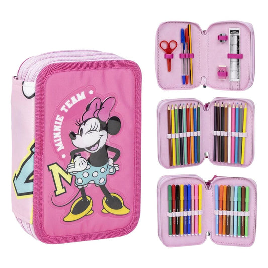 Pochette à crayons triple Minnie Mouse Fuchsia 12,5 x 6,5 x 19,5 cm