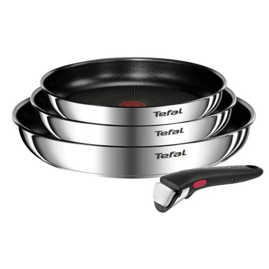 TEFAL INGENIO Lot de 4 pièces, Poêles 22/24/28 cm + poignée amovible, Acier inoxydable, Revêtement antiadhésif, Emotion L897S404