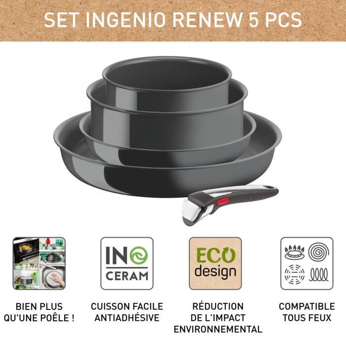 TEFAL INGENIO Renew Lot de 2 poêles, 2 casseroles, Poignée, Induction, Céramique, Lave-vaisselle, Fabriqué en France L2619002