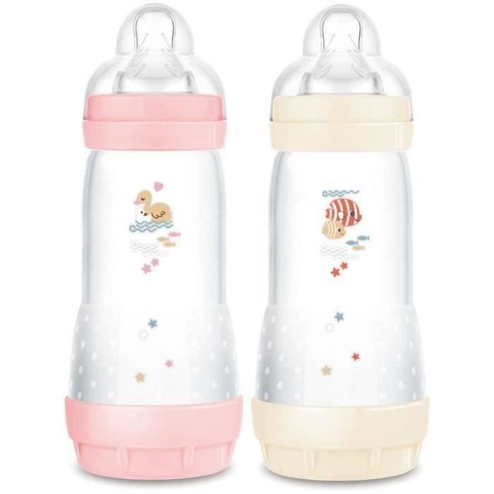 Lot de 2 Biberons - MAM - Easy Start - Anti-colique Classique - 320 ml - Tétine débit 3 - Bonbon + Coton