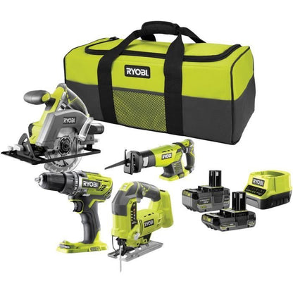 RYOBI Pack 4 outils sans fil One+ RCK184C-242S - Perceuse - 3 scies circulaire, sauteuse, sabre - 2 batteries 2Ah et 4Ah