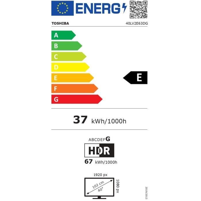 TOSHIBA 40LV2E63DG - TV LED 40'' (102 cm) - Full HD 1920x1080 - HDR10 - TV connecté Smart TV - 2xHDMI - WiFI