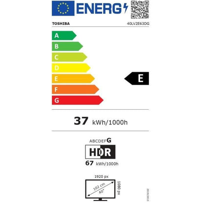 TOSHIBA 40LV2E63DG - TV LED 40'' (102 cm) - Full HD 1920x1080 - HDR10 - TV connecté Smart TV - 2xHDMI - WiFI