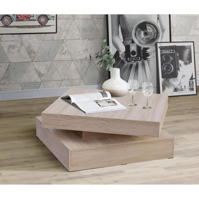 Table basse plateau rotatif - Carré - Chêne - 78 x 78 x 36 cm