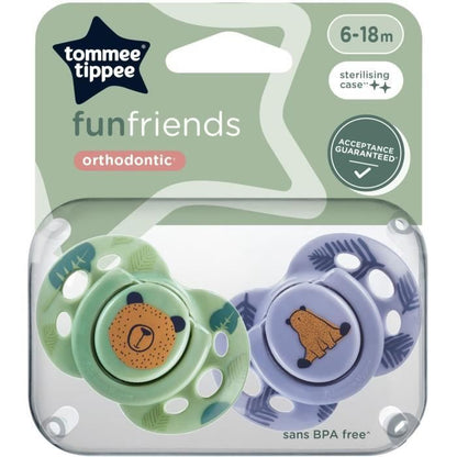 Sucette - TOMMEE TIPPEE - FUN - 6-18 mois - Lot de 2 sucettes symétriques sans BPA - Capsule de stérilisation réutilisable