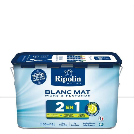 Peinture 2 en 1 murs et plafonds - Blanc mat - RIPOLIN - 5 L