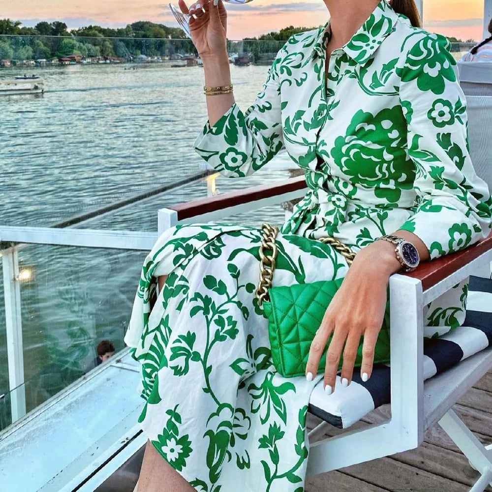 Robe mi-longue à manches longues Femmes - Imprimé floral vert - Chic et décontracté