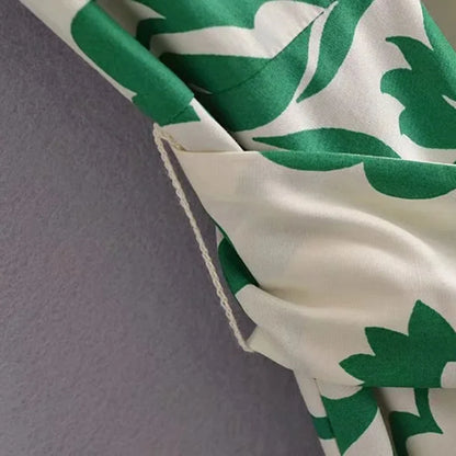 Robe mi-longue à manches longues Femmes - Imprimé floral vert - Chic et décontracté