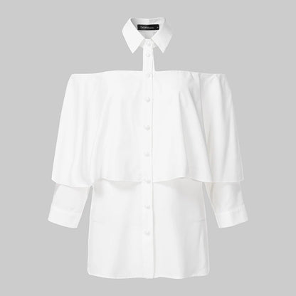 Chemise Blanc Décontractée - Col Licou et Manches 3/4