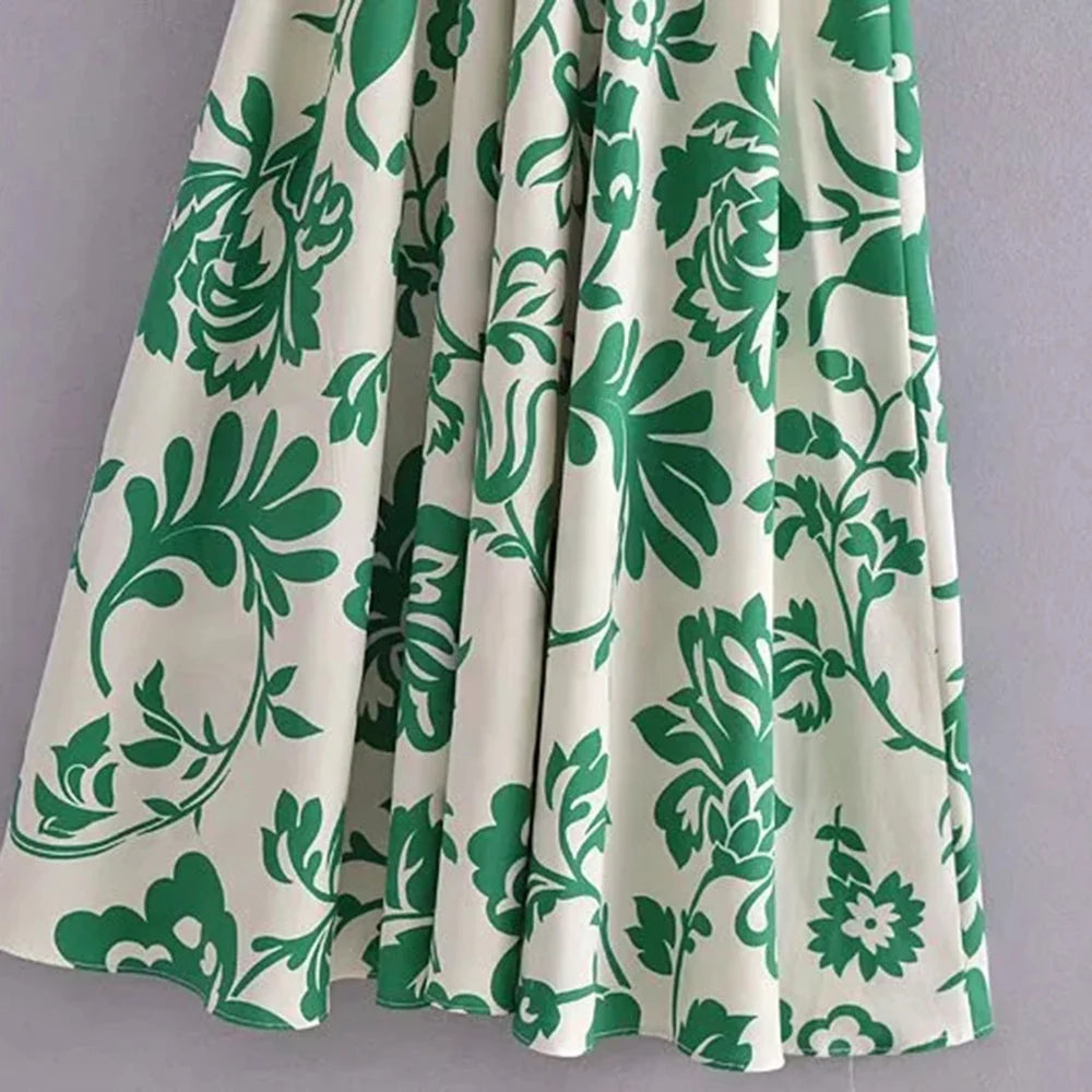 Robe mi-longue à manches longues Femmes - Imprimé floral vert - Chic et décontracté