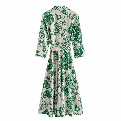 Robe mi-longue à manches longues Femmes - Imprimé floral vert - Chic et décontracté