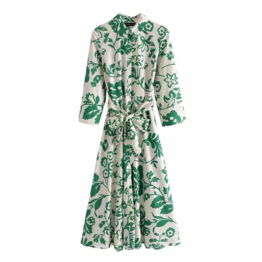 Robe mi-longue à manches longues Femmes - Imprimé floral vert - Chic et décontracté