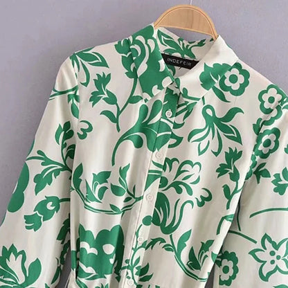 Robe mi-longue à manches longues Femmes - Imprimé floral vert - Chic et décontracté