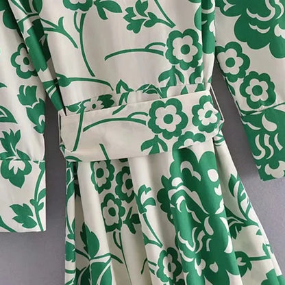 Robe mi-longue à manches longues Femmes - Imprimé floral vert - Chic et décontracté