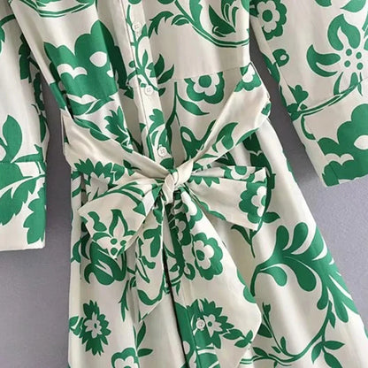 Robe mi-longue à manches longues Femmes - Imprimé floral vert - Chic et décontracté