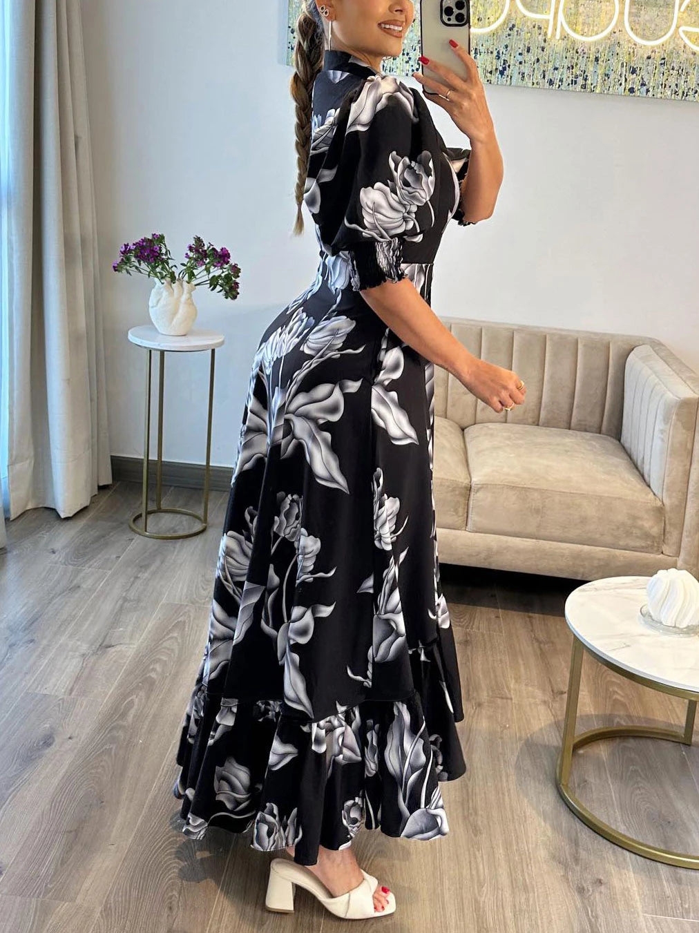 Robe longue à imprimé floral Femmes - Col rabattu avec demi-manches