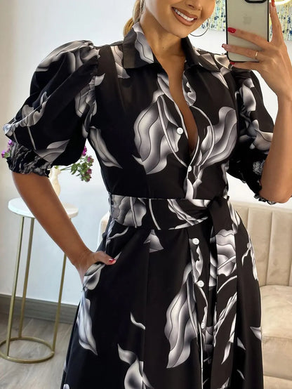 Robe longue à imprimé floral Femmes - Col rabattu avec demi-manches