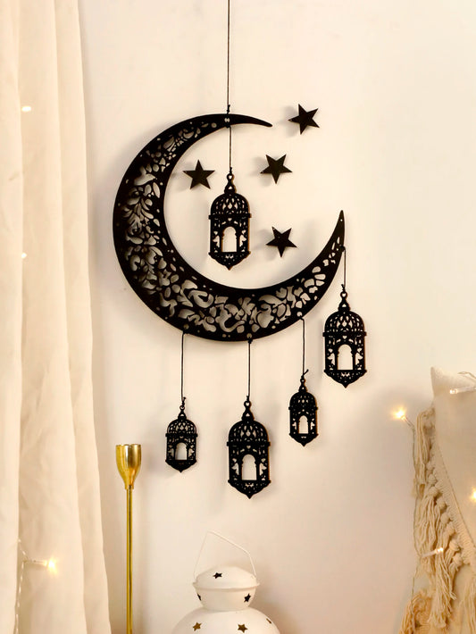 Lanterne en Bois Lune & Étoile - Décor Ramadan & Eid Mubarak