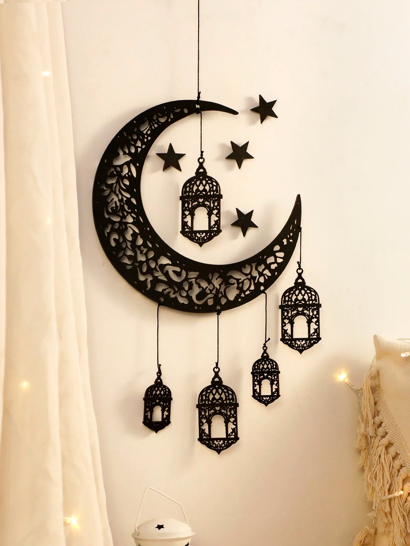 Lanterne en Bois Lune & Étoile - Décor Ramadan & Eid Mubarak