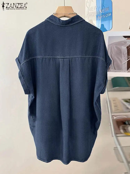 Chemise Élégante en Jean Bleu à Manches Courtes pour un Style Décontracté