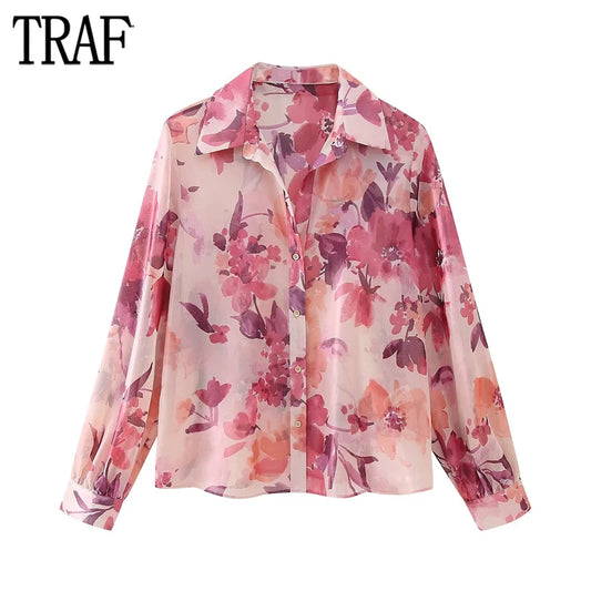 Chemise à Imprimé Floral Rose pour Femmes - Collection TRAF 2024