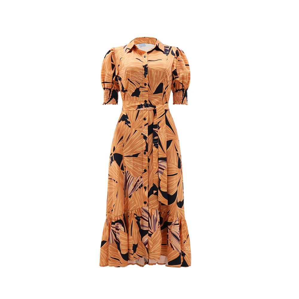 Robe longue à imprimé floral Femmes - Col rabattu avec demi-manches