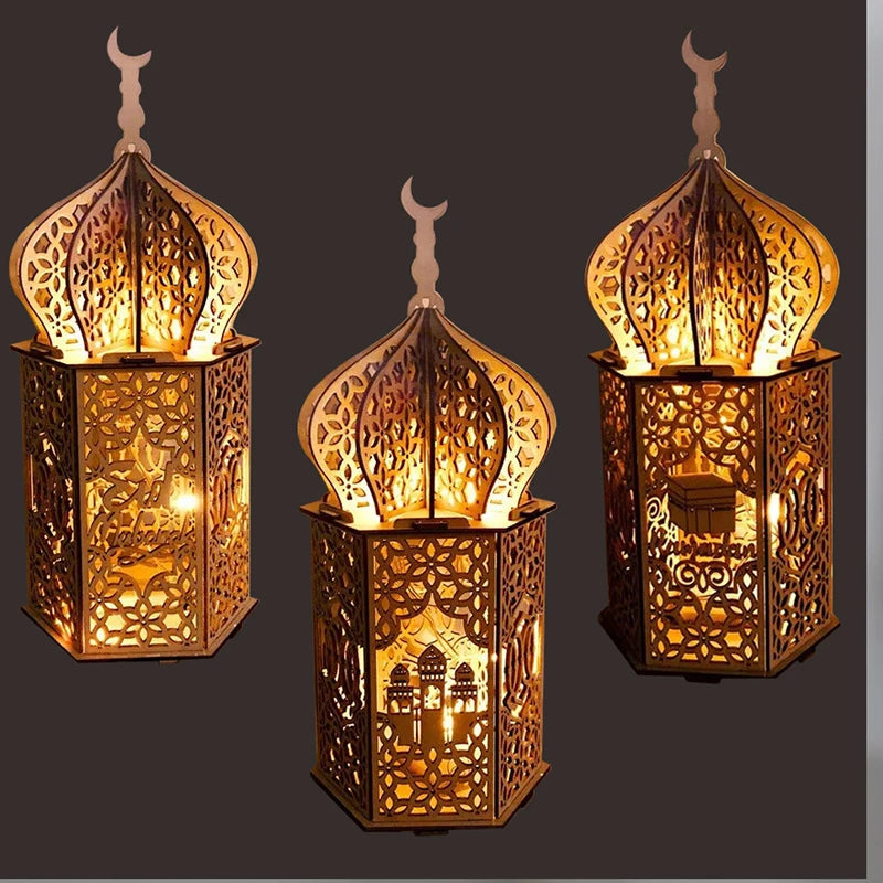 Lanterne en Bois LED Ramadan & Eid Mubarak